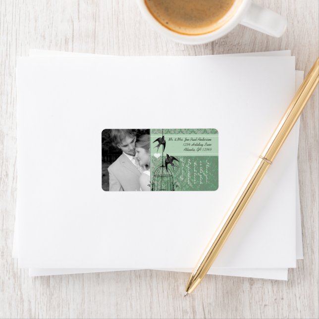 Your Photo Wedding Vintage Birdcage RSVP Damask Label (Insitu)