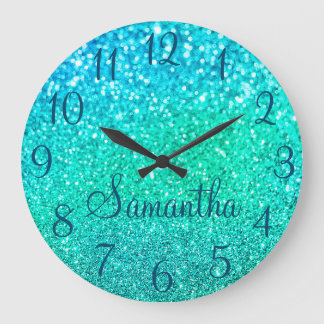 Your Photo with Ocean Blue Numbers and Name Large Clock