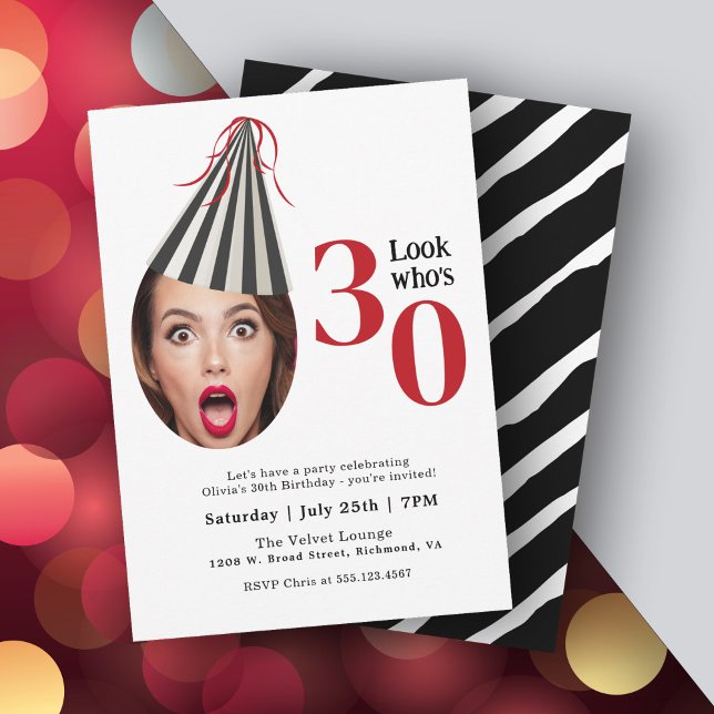 Your Photo with Party Hat Fun 30th Birthday Invitation (Personalize this fun party invitation with your photo and party details.)