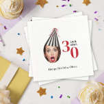 Your Photo with Party Hat Fun 30th Birthday Napkin<br><div class="desc">A uniquely fun and whimsical birthday party napkin featuring a photo of the birthday celebrant wearing a black and white striped party hat with red streaming ribbons. To personalise this invitation with your photo, be sure to closely crop your face in a square and load in place of the sample...</div>