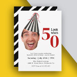 Your Photo with Party Hat Fun 50th Birthday Invitation<br><div class="desc">A uniquely fun and whimsical birthday party invitation featuring a photo of the birthday celebrant wearing a black and white striped party hat with red streaming ribbons. To personalise this invitation with your photo, be sure to closely crop your face in a square and load in place of the sample...</div>