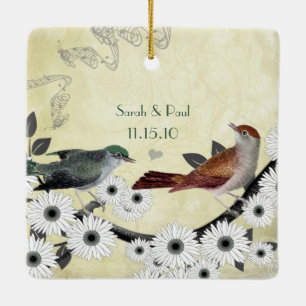 Your Photo with Vintage Birds on Blooming Branch Ceramic Ornament