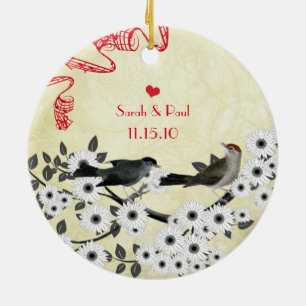 Your Photo with Vintage Birds on Blooming Branch Ceramic Tree Decoration