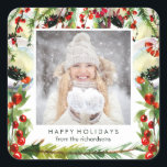 Your Photo with Watercolor Christmas Berries Square Sticker<br><div class="desc">These holiday stickers feature watercolor look berries and leaves,  along with your personal photo and message in the centre.</div>