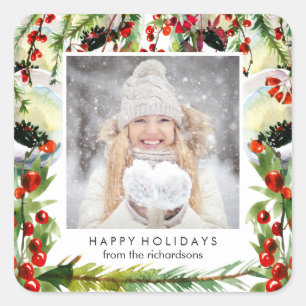 Your Photo with Watercolor Christmas Berries Square Sticker