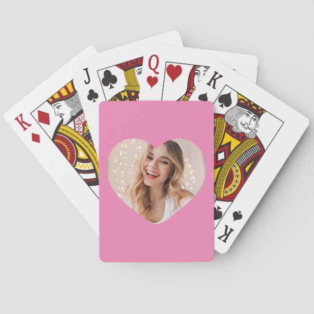 Your photo your face on a personalised heart pink playing cards (Back)
