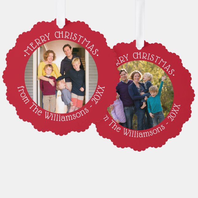 Your Photos and Name Red Border Christmas Tree Decoration Card (Front/Back)
