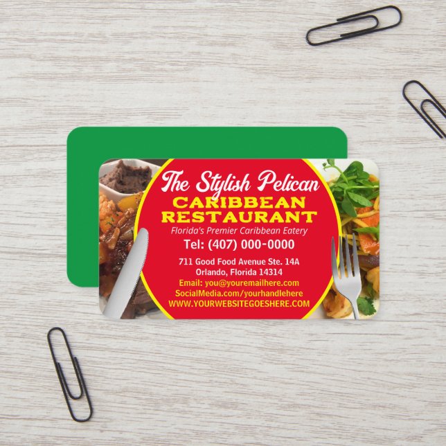 Your Photos Caribbean Restaurant Catering Services Business Card (Front/Back In Situ)