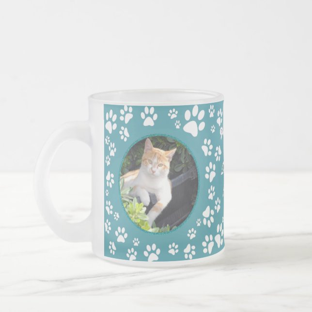 Your Photos Cat Memorial  Paw Prints Teal Frosted Glass Coffee Mug (Left)