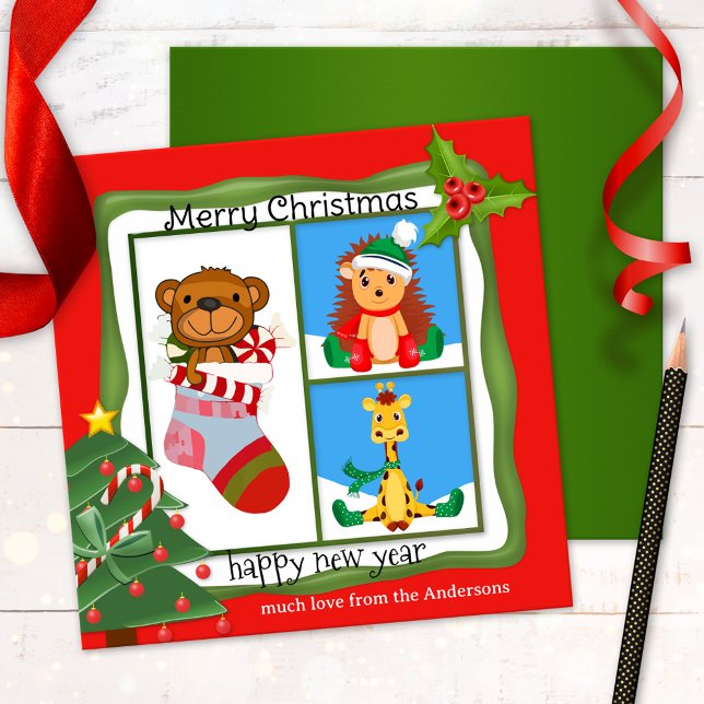 Your Photos  Child Drawings Christmas Holiday Card (Christmas Holidays card featuring 3 of your own custom photos or drawings of your children)
