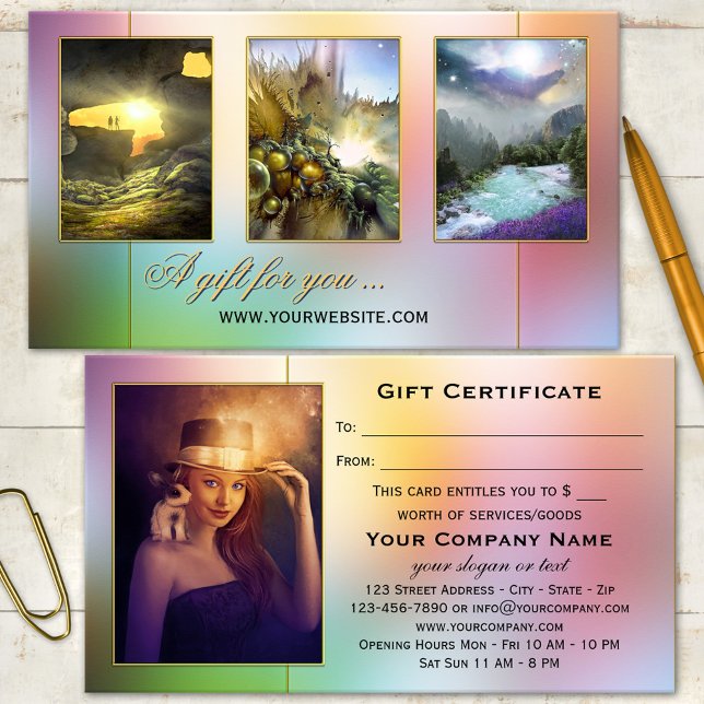 Your Photos Colourful Fantasy Fairy Tale Gift Card (Colorful fairy tale like fantasy design business card template featuring your own 4 photos)