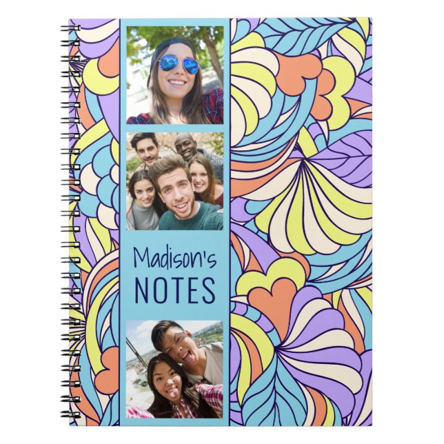 YOUR photos custom name Colourful Doodles notebook (Front)