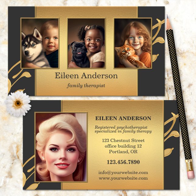Your Photos Gold Grey Family Therapist Business Card (Creator Uploaded)