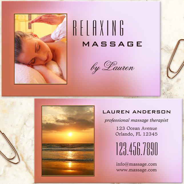Your Photos Pink Massage Therapist Business Card (Business card featuring 2 custom photos on a dreamy pink background - massage, spa or beauty salon)