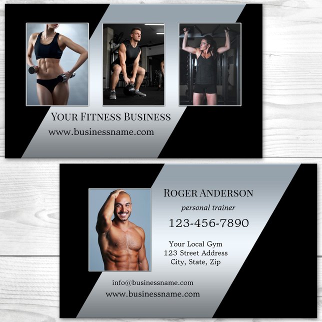 Your Photos Silver Black Personal Trainer Business Card (Fitness personal trainer business card featuring your photos on a black with silver modern design)