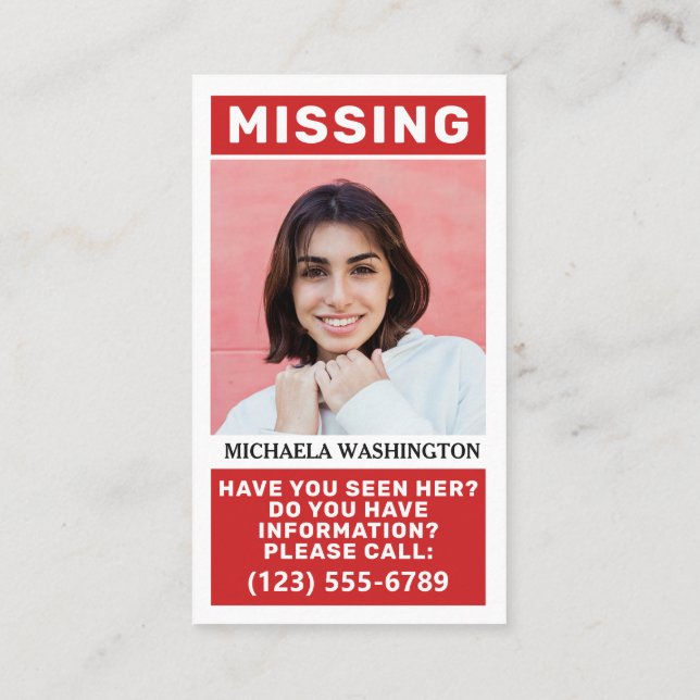 YOUR Photos & Text "MISSING PERSON" Business Card (Back)