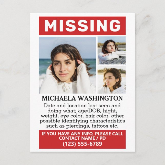 YOUR Photos & Text "MISSING" Postcard (Front)
