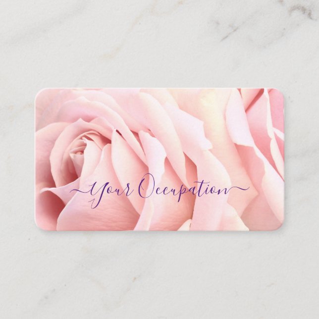Your Profession, Pale Pink Roses Royal Purple Text Business Card (Front)