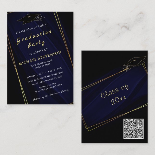 Your QR Code Gold Navy Blue Graduation Invitation (Front/Back)