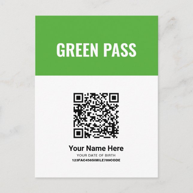 Your QR Code Green Vaccine Certificate Pass Card (Front)