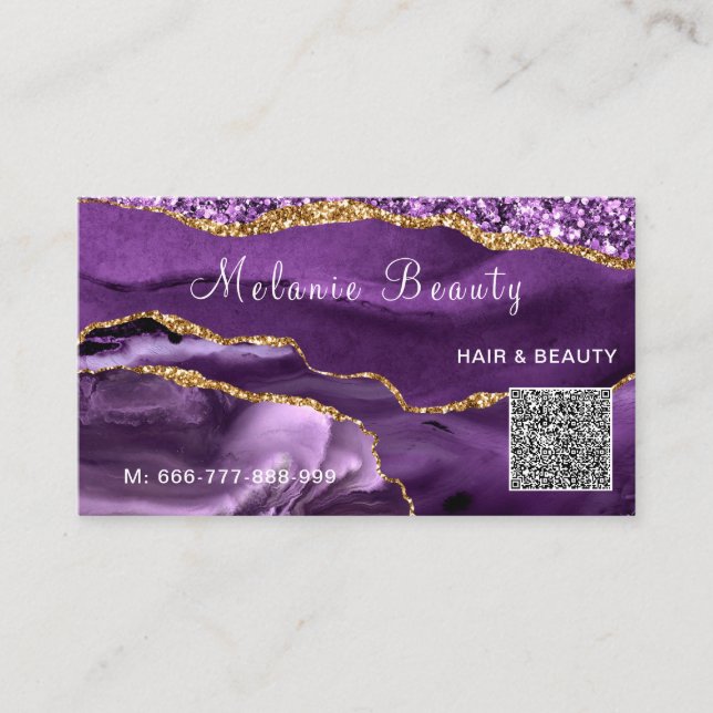 Your QR Code Info Agate Purple Gold Business Card (Front)