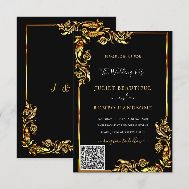 Your QR Code Info Black Gold Wedding Invitation (Front/Back)