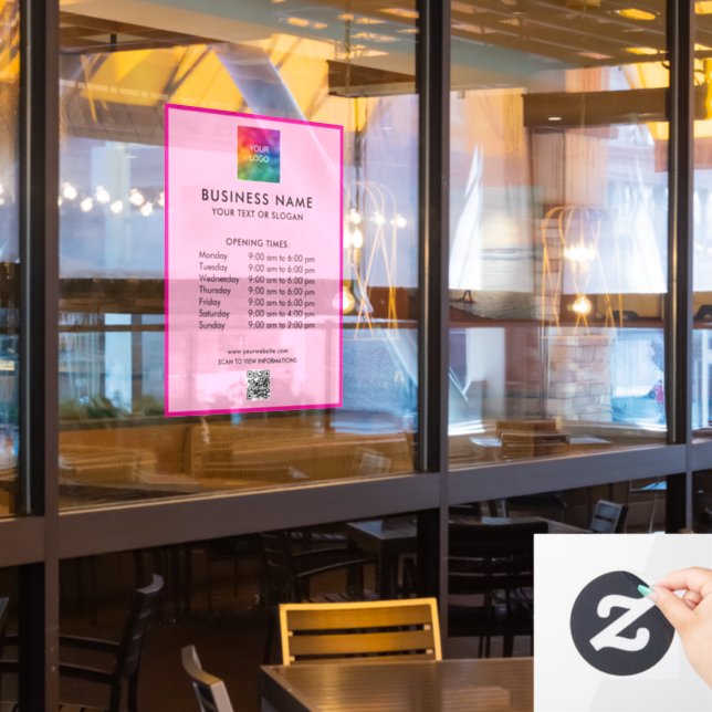 Your QR Code Opening Hours Logo Template Pink Window Cling (Restaurant Window)