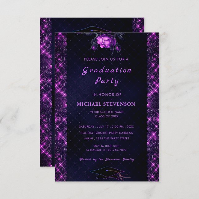 Your QR Code Purple Black Graduation Invitation (Front/Back)