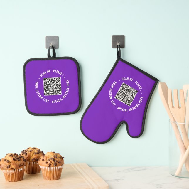 Your QR Code Scan and Custom Text Personalised Oven Mitt & Pot Holder Set (Insitu(Hanging))