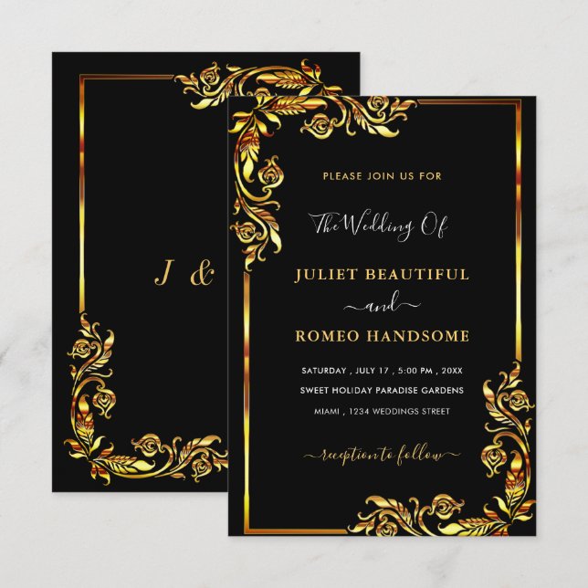 Your QR Code Scan Black Gold Wedding Invitation (Front/Back)