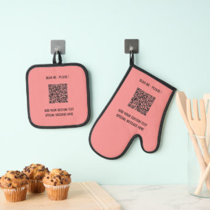 Your QR Code Scan Info with Custom Text and Colour Oven Mitt & Pot Holder Set