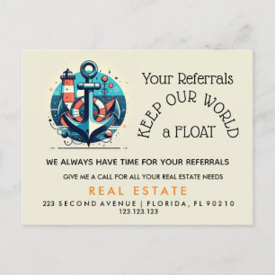 Your Referrals Keep Our World aFLOAT" – Anchor  Announcement Postcard
