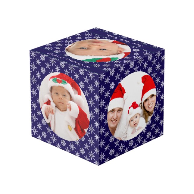 Your Round Photos Santa Baby Blue & Snowflakes Cube (Back Angled)