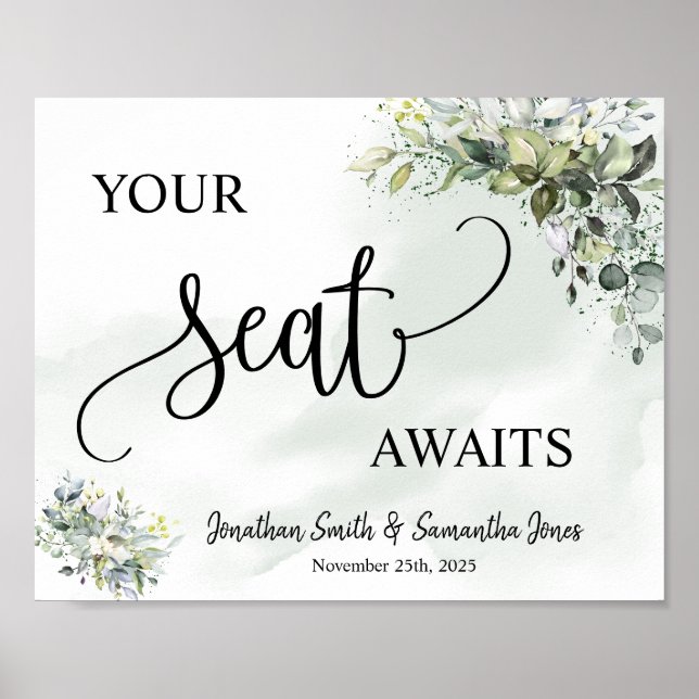 Your seat awaits wedding reception eucalyptus sign (Front)