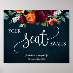 Your Seat Awaits Wedding Reception Wine Navy Sign