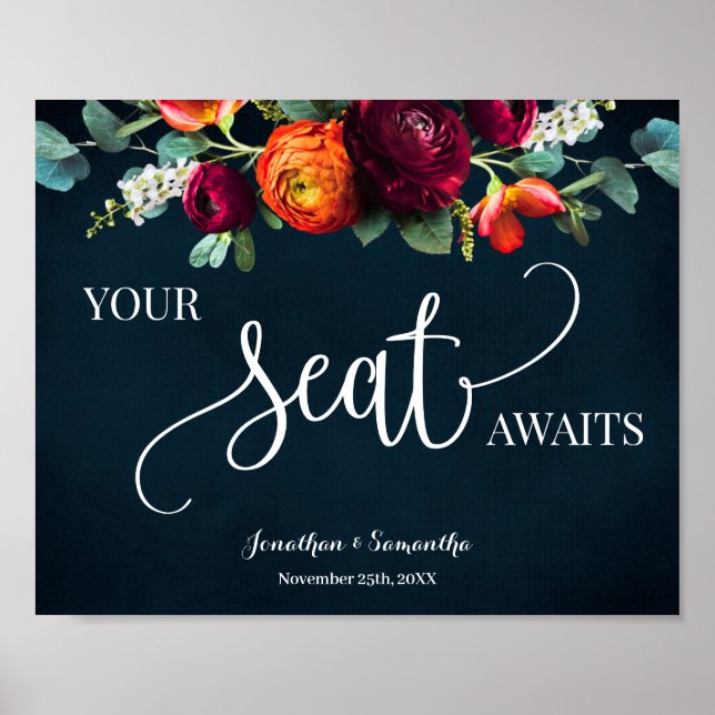 Your Seat Awaits Wedding Reception Wine Navy Sign (Front)
