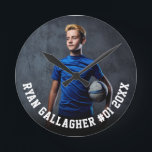 Your Sports Photo | Personalised Round Clock<br><div class="desc">Custom round clock featuring your sports photo with personalised name, player number, and team name, school, city, year, or message in bold collegiate typography. Suitable for any photo, colour, all ages, any sport. Test it out to see how it looks! To make further edits, enter the design tool, if needed....</div>