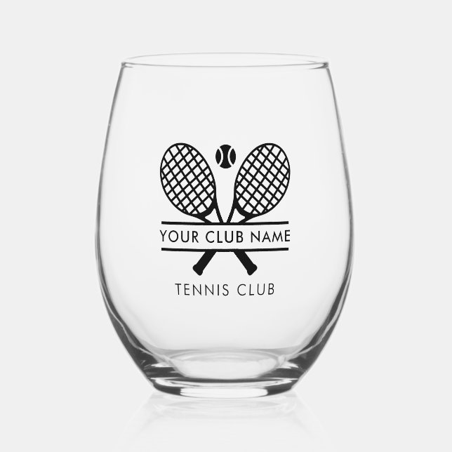 Your Tennis Club Members Rackets Motif Keepsake Stemless Wine Glass (Front)