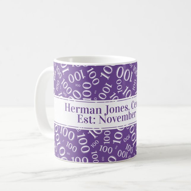 Your Text: 100th Birthday Number Pattern Purple Coffee Mug (Front Left)