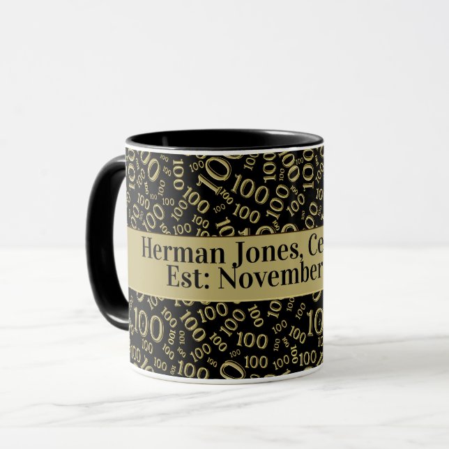 Your Text: 100th Number Pattern Black/Gold Mug (Front Left)