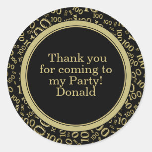 Your Text 100th Random Number Pattern Black/Gold Classic Round Sticker