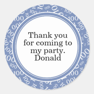 Your Text 100th Random Number Pattern Blue/White Classic Round Sticker