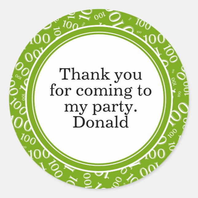 Your Text 100th Random Number Pattern Green/White Classic Round Sticker (Front)