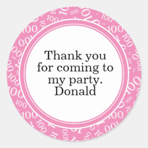 Your Text 100th Random Number Pattern Pink/White Classic Round Sticker