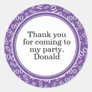 Your Text 100th Random Number Pattern Purple/White Classic Round Sticker