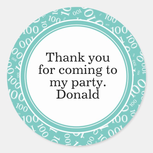 Your Text 100th Random Number Pattern Teal/White Classic Round Sticker (Front)