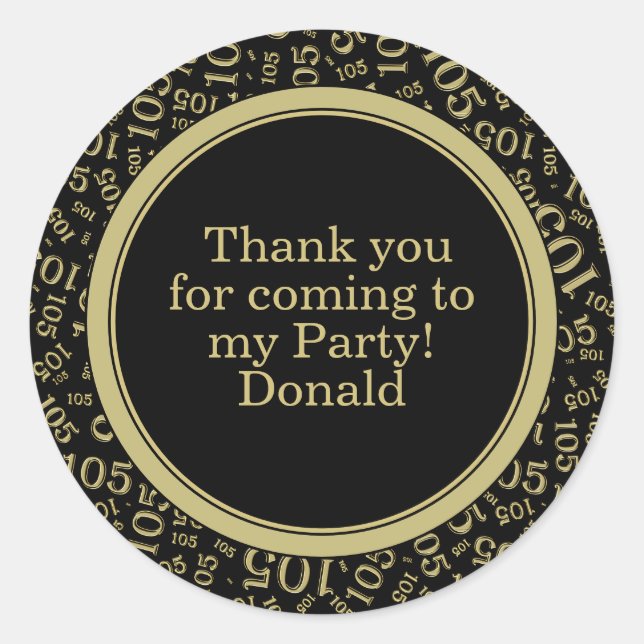  Your Text 105th Random Number Pattern Black/Gold Classic Round Sticker (Front)