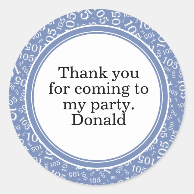 Your Text 105th Random Number Pattern Blue/White Classic Round Sticker (Front)
