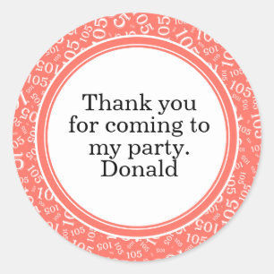 Your Text 105th Random Number Pattern Coral/White Classic Round Sticker