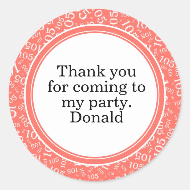 Your Text 105th Random Number Pattern Coral/White Classic Round Sticker (Front)